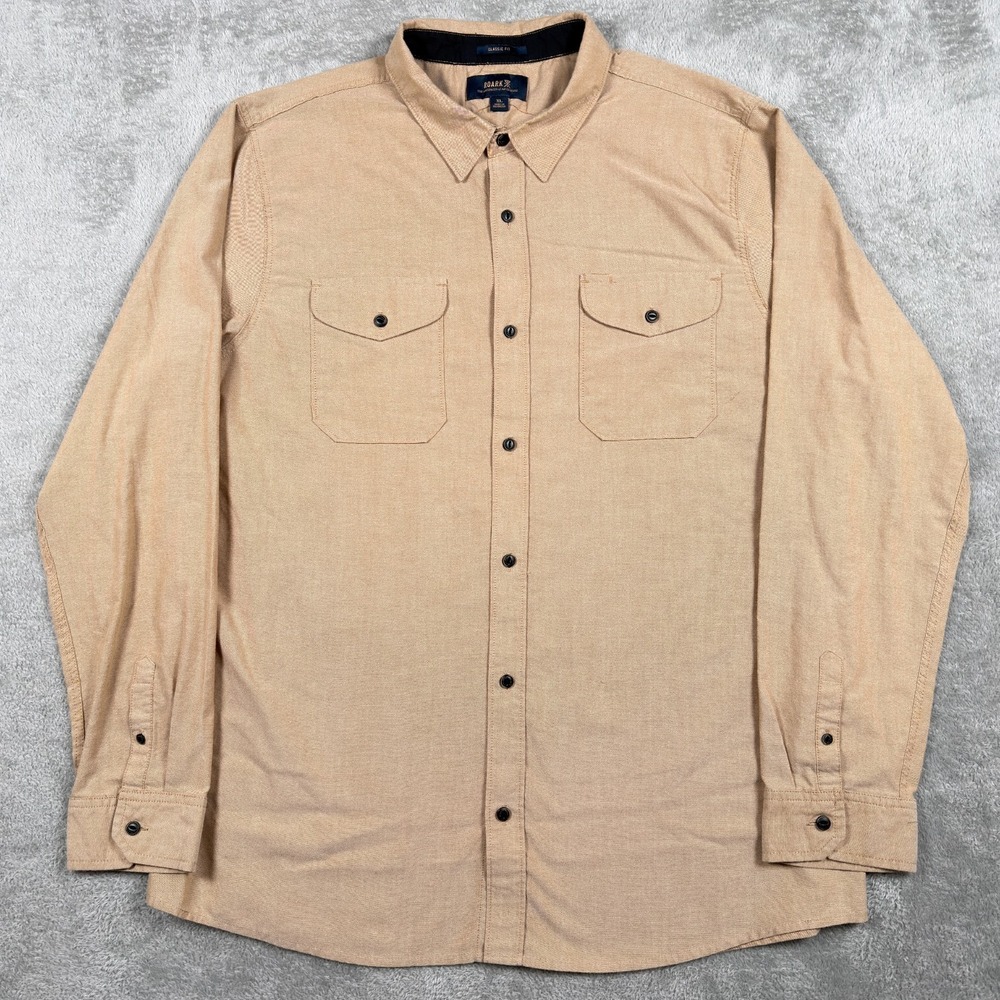 Roark Shirt Mens XL Brown Tan Classic Double Pocket Cotton Stretch Button Up